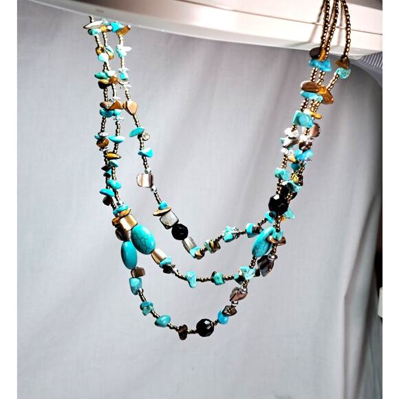 Turquoise Color and Brown Necklaces Earring Set Fashion Jewelry Cross Layers - Picture 6 of 10